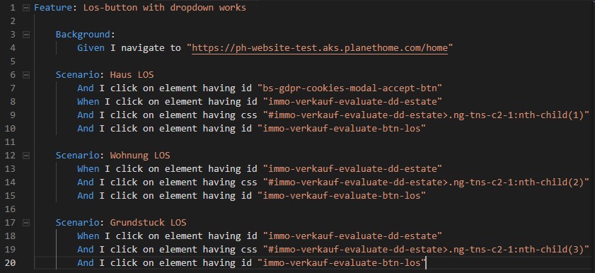 think tank Business Solutions AG Testautomatisierung Codeausschnitt eines mit Selenium-Cucumber programmierten Testfalls